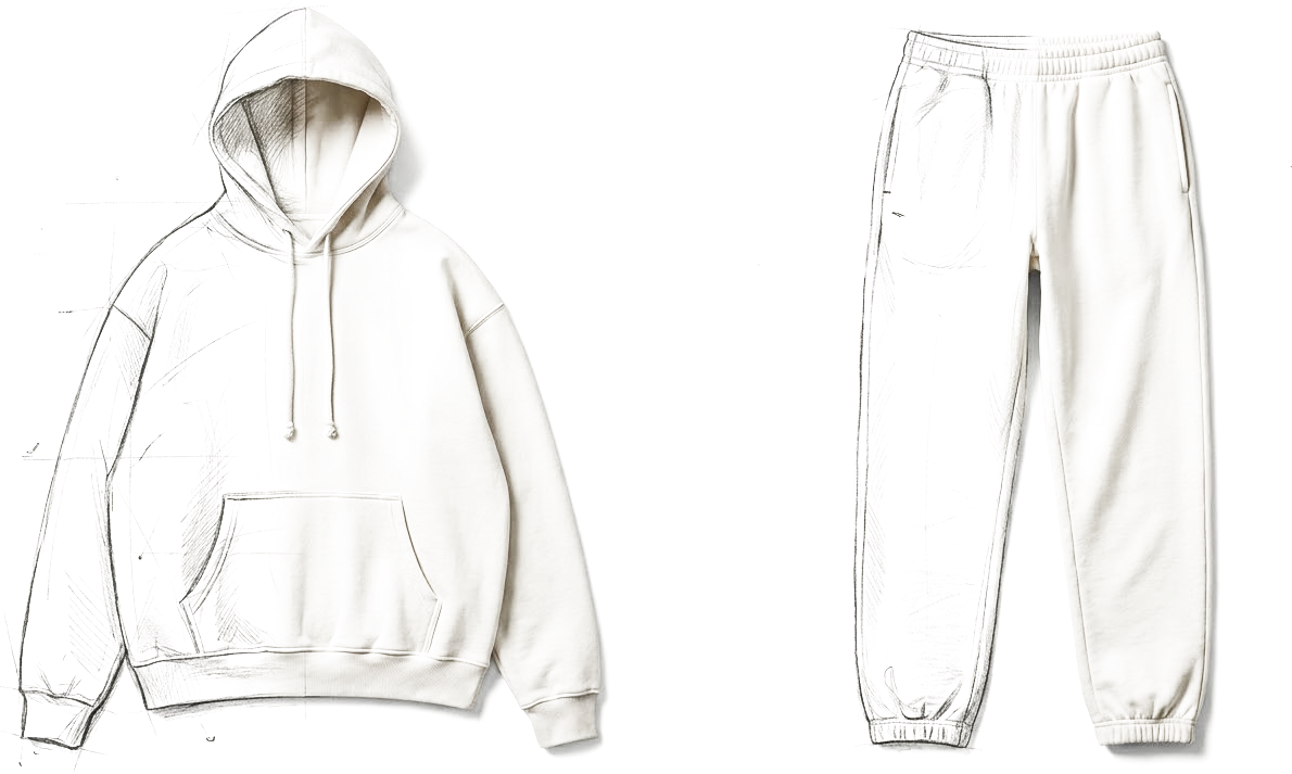 The same garments resolving out of the drawing into real bone fleece.