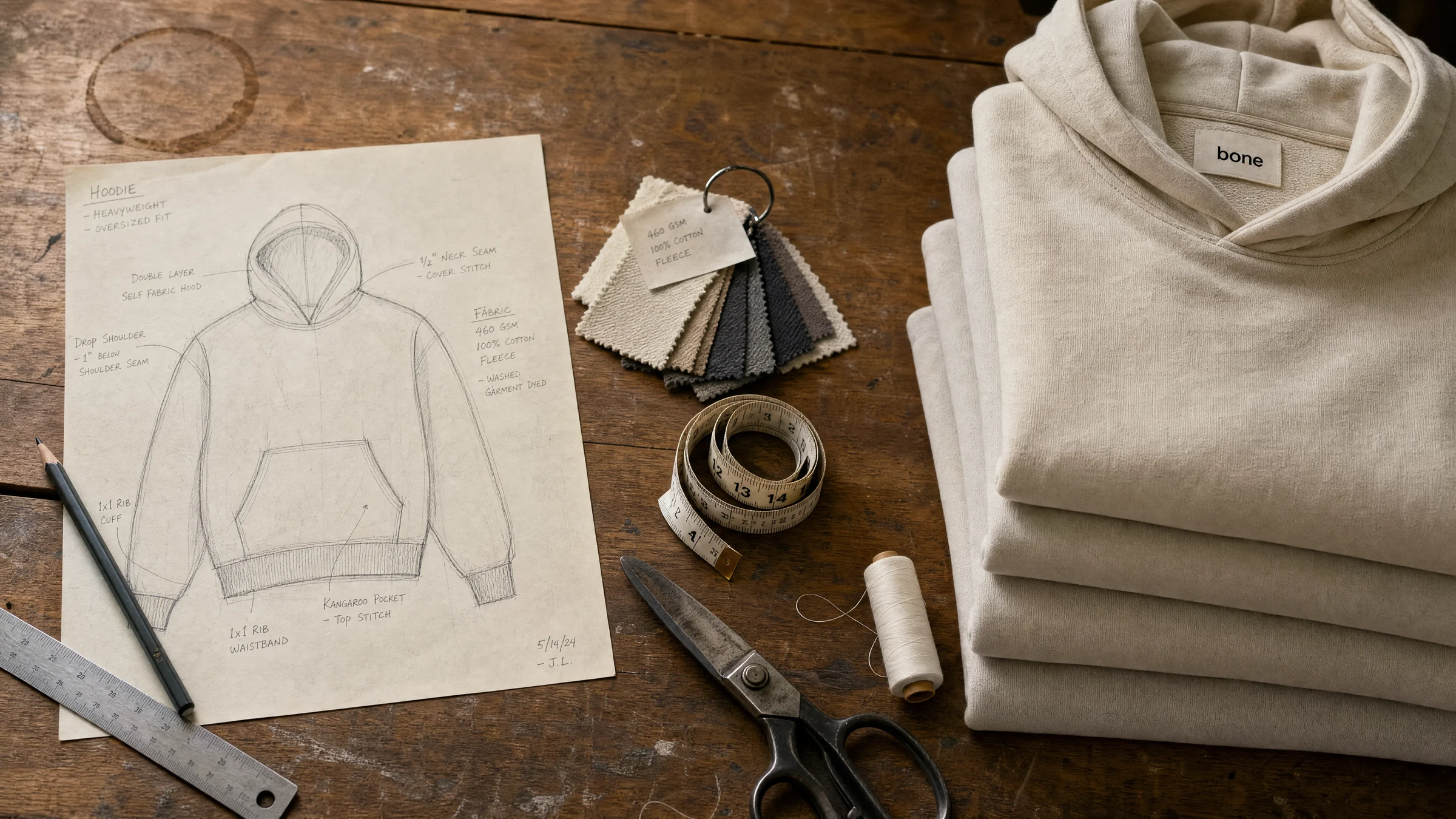 A worktable with a hand-drawn hoodie specification annotated with fabric weights and seam details, a swatch fan, a tape measure, thread, scissors, and a stack of folded bone hoodies.