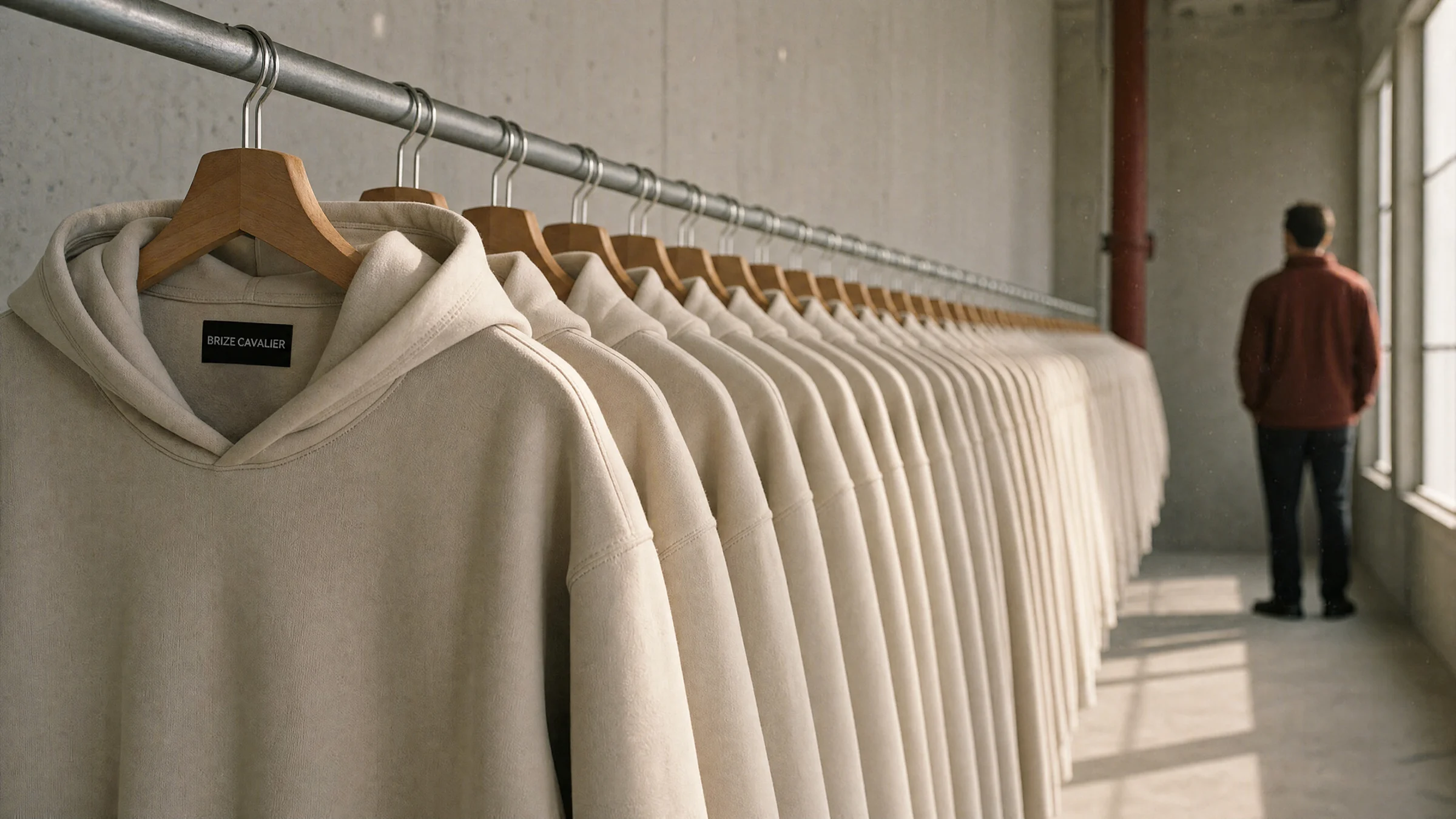 A long rail of bone hoodies on wooden hangers receding into a concrete room, one person standing at the far end.