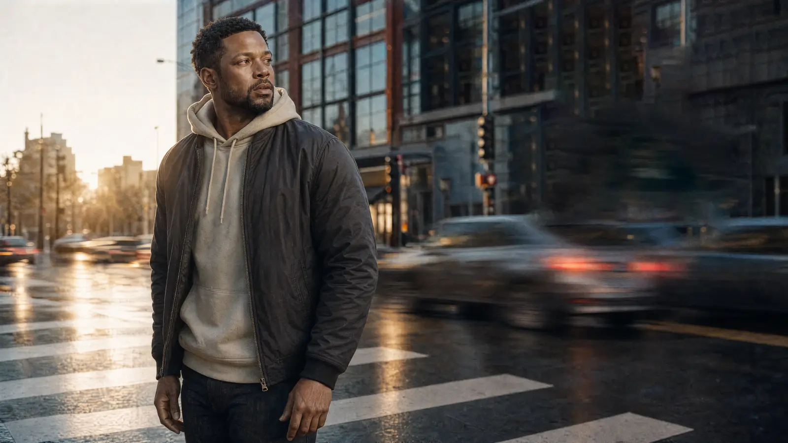 A person waiting to cross a street at dusk.